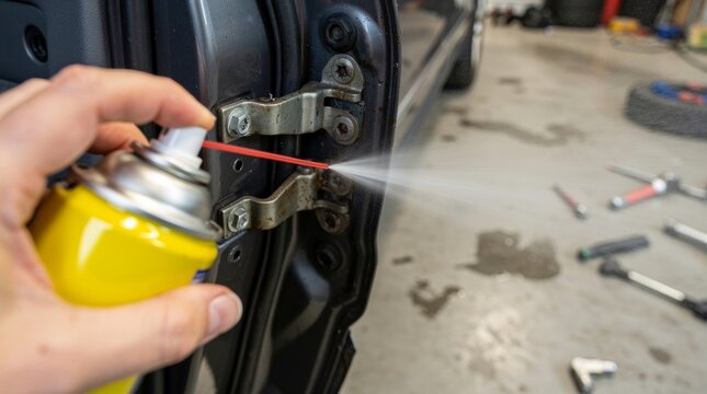 Hand sprays lubricant on car door hinge for maintenance