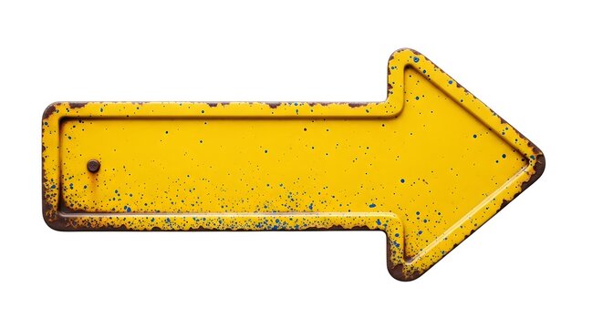 Old yellow metal arrow sign with rust texture isolated on white space