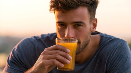 Fototapeta premium A person enjoys a refreshing vibrant drink during the warm glowing afternoon light