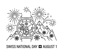 Naklejka premium Swiss National Day Celebration with Watch, Mountains, Fireworks, and Flowers