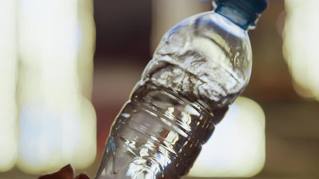 Reflections and condensation on tilted transparent bottles under lighting. Visual portrayal of glossy plastic vessels with light effects and water droplets demonstrating reflection