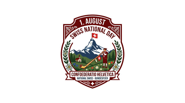 Swiss National Day Emblem: Alpine Landscape, Flag, Alphorn Player, Church