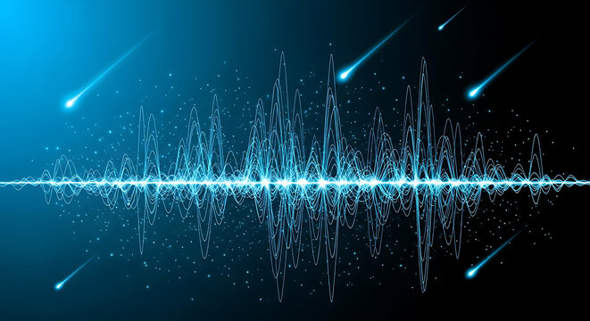 Electronic sound wave with digital particle falling effect on blue gradient background visualization frequency equalizer particles technology electronic abstract background spectrum