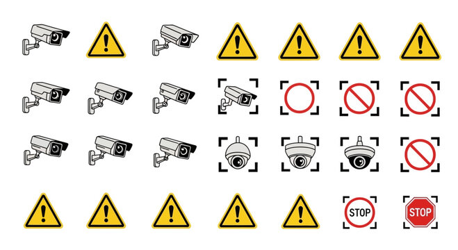 Security Camera and Warning Sign Icons for Monitoring and Safety