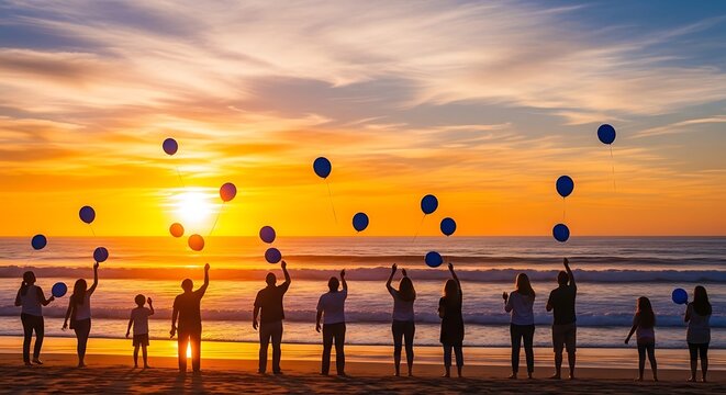 Diverse group of people releasing blue balloons at sunset on the beach.