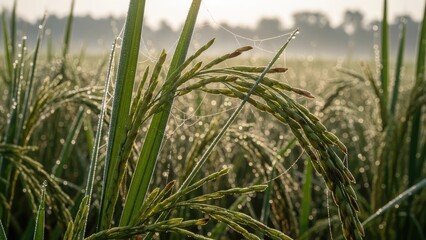 Fototapeta premium Green rice ears with sparkling morning dew drops.
