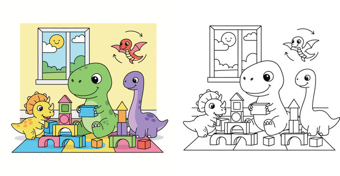 Cute Cartoon Dinosaurs Playing with Building Blocks in Playroom Illustration with Triceratops