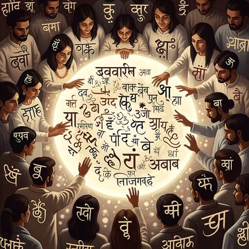 Diverse group of people surrounding a glowing sphere of ancient Devanagari script.