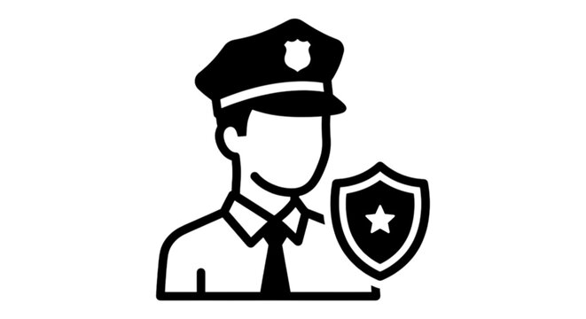 A minimalist black and white vector image icon of a security guard or police officer wearing a uniform cap next to a shield badge.