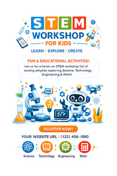 STEM workshop for kids, STEM flyer design, kids STEM workshop, science workshop flyer, educational flyer template, STEM education, science technology engineering math, kids learning event, educational