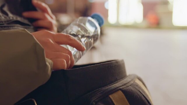 Hands opening backpack searching for bottle. Closeup of fingers fumbling zipper on black travel backpack at busy station, soft ambient light, textured leather strap and gold trim, candid waiting scene