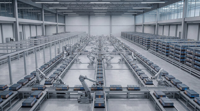 Robotic arms orchestrate a futuristic manufacturing ballet on sleek conveyor belts within a vast, modern factory