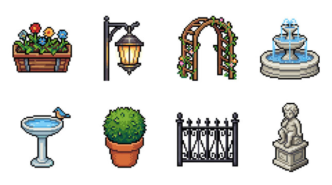Pixel art garden and park elements set, including street lamp, fountain, bird bath, planter, arch, fence, shrub, and statue