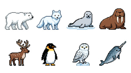 Obraz premium Pixel art arctic animals set featuring polar bear, fox, seal, walrus, reindeer, penguin, snowy owl and narwhal icons