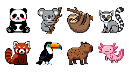 Obraz premium Eight cute pixel art wild animals, including a panda, koala, sloth, ring-tailed lemur, red panda, toucan, capybara, and axolotl