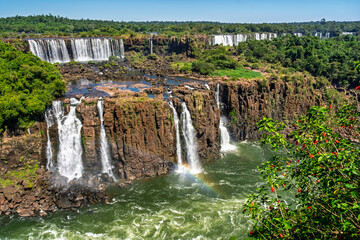 Obraz premium Panoramic view of Iguazu Falls in Iguazu National Park with rainbow and lush tropical rainforest