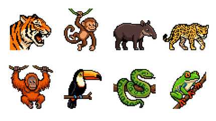 Obraz premium Collection of wild rainforest creatures in pixelated video game style, illustrating biodiversity and wildlife in nature