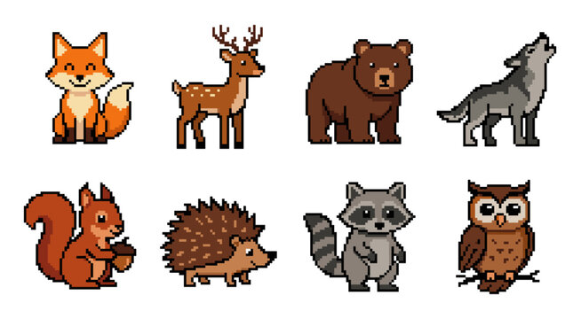 Pixel art forest animals set with fox, deer, bear, wolf, squirrel, hedgehog, raccoon, and owl icons illustrating nature wildlife