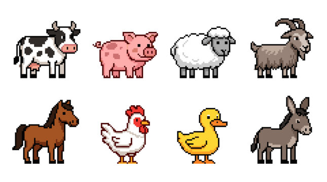 Farm animals pixel art collection presenting cow, pig, sheep, goat, horse, chicken, duck, and donkey livestock design