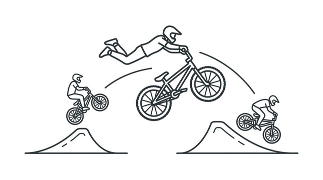 BMX rider performing aerial extension trick over dirt jumps.