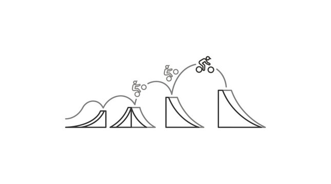 Minimalist bmx rider jumping over ramps line art illustration.