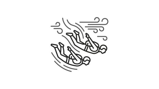 Minimalist line art of two skydivers falling in formation.