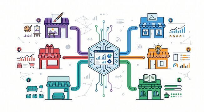 Minimalist flat vector illustration of a multi-vendor digital marketplace hub and merchant management network on a white background