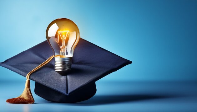 an innovative educational image showcasing a bachelor cap and a light bulb on a blue background photo
