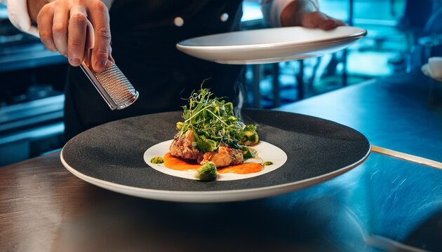gourmet dish being prepared in a high end restaurant kitchen