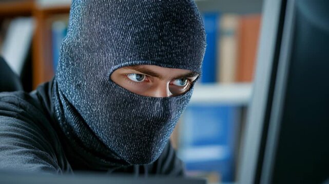 A hacker wearing a black balaclava mask stares intensely at a computer screen in a library setting.