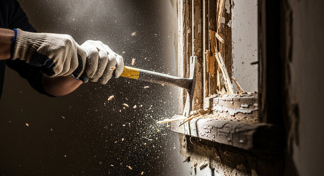 Close-up of a person in work gloves using a hammer to demolish an old wooden window frame, creating a shower of wood splinters and dust during renovation.