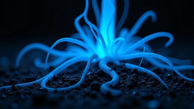 A bioluminescent blue organism with tentacle-like tendrils glows intensely against dark, granular soil, resembling a fantastical alien plant or fungi.