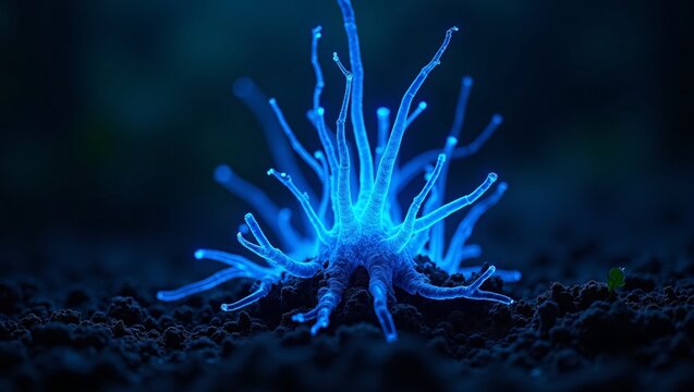 A bioluminescent blue organism with delicate, branching tendrils glows brightly against dark, granular soil, resembling a fantastical alien plant or fungi.