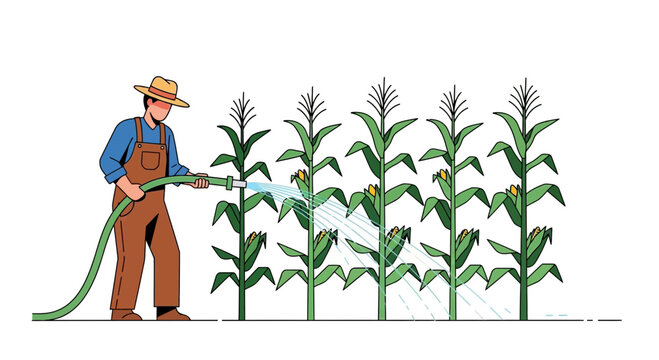 Farmer watering cornfield with hose, illustration, agriculture, healthy crops