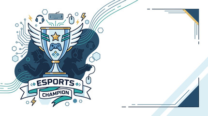 Esports champion trophy emblem with gaming icons. © Ela Maheswari