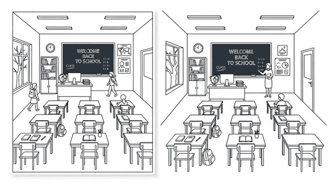 Educational classroom scene with students and teacher coloring page.