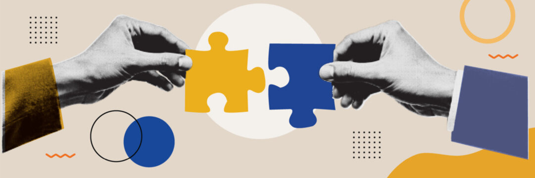 Two Hands Connecting Yellow and Blue Puzzle Pieces Halftone Collage Illustration &mdash; Teamwork Partnership Collaboration and Perfect Match Business Solution Concept on Beige Background