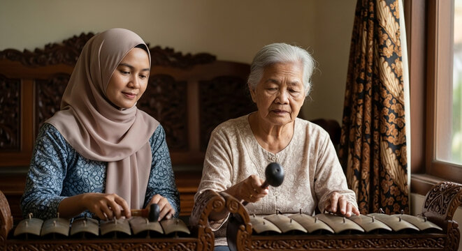 Elderly Indonesian woman and young woman in hijab playing traditional Gamelan instruments together, cultural heritage and intergenerational bonding.