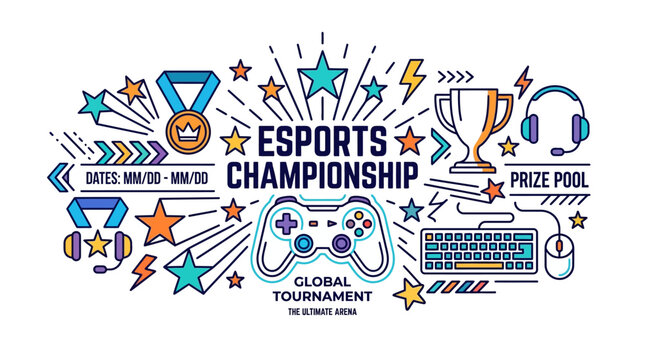 Esports Championship Global Tournament Badge with Gaming Equipment Icons.
