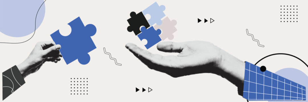 Two Hands Holding Puzzle Pieces Halftone Collage Illustration &mdash; Teamwork Problem Solving Partnership and Business Solution Concept with Blue Black Gray Geometric Shapes on Beige Background