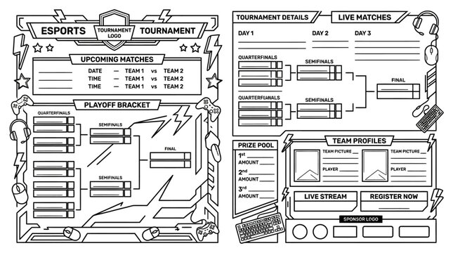 Esports Tournament Planner Template with Playoff Bracket and Match Details.