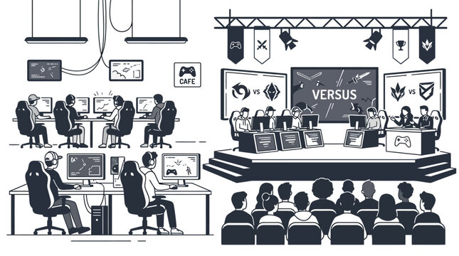 Esports tournament scene with gamers competing on stage and training in a practice room.