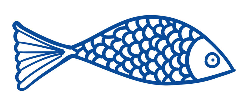 Hand drawn blue fish in whimsical doodle outline style vector illustration. Summer print and logo for seafood and cafes. Mediterranean сoquette line art style. Coastal design