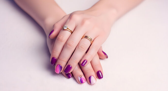 Elegant female hands with purple and pink manicure wearing gold rings