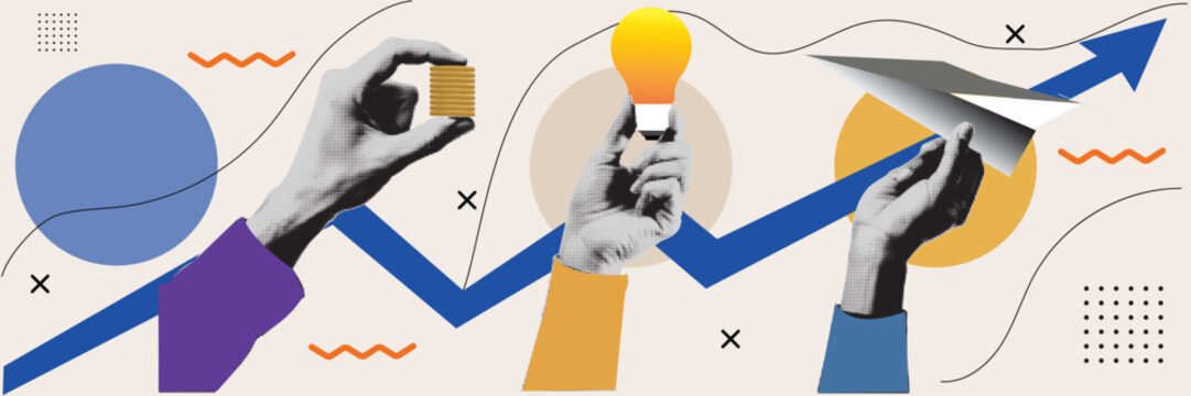 Three Hands Holding Coins Lightbulb and Paper Airplane Halftone Collage Illustration with Rising Arrow Chart &mdash; Business Growth Investment and Innovation Concept on Beige Background