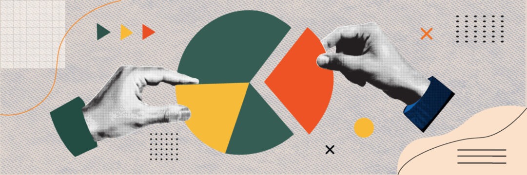 Two Hands Taking Pie Chart Slices Halftone Collage Illustration &mdash; Business Market Share Investment Distribution and Data Analysis Concept with Green Orange,  Yellow Geometric Shapes on Gray Background