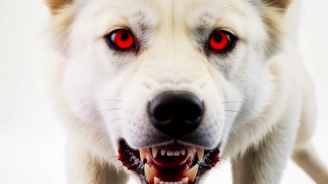 Mad dog, animal rabies. An enraged animal lunges straight at the camera, its mouth wide open, revealing sharp teeth.