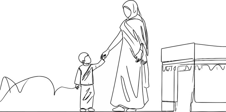 Islamic Motherhood Hajj Umrah Agency Travel Banner - Continuous One Line Drawing of Arab Woman in Hijab Holding Hands with Little Son Near Kaaba and Safa Marwa Mountain Contour