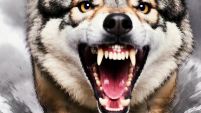 Mad wolf, animal rabies. An enraged animal lunges straight at the camera, its mouth wide open, revealing sharp teeth