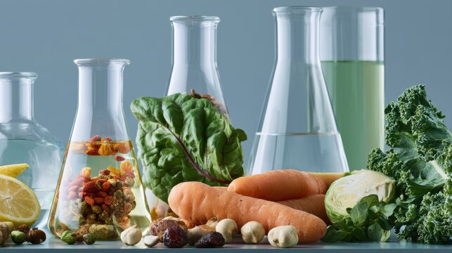 Fresh vegetables with glass beakers showcasing carrots, kale, mushrooms beside flasks of green and golden infusions, clinical lighting, sustainable nutrition concept for plantbased food innovation